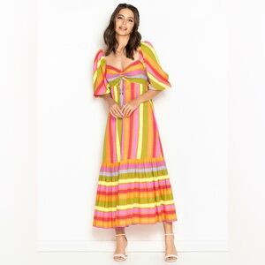 NWT Farm Rio | Rainbow Stripe Midi Dress Vibrant Puff Sleeve *see sizing note *